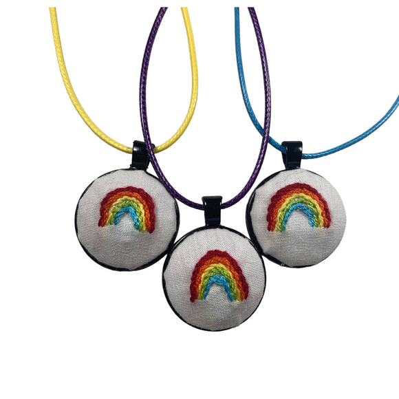 Handmade Rainbow Embroidery Necklace in 1” Round Bezel - Picture 1 of 4